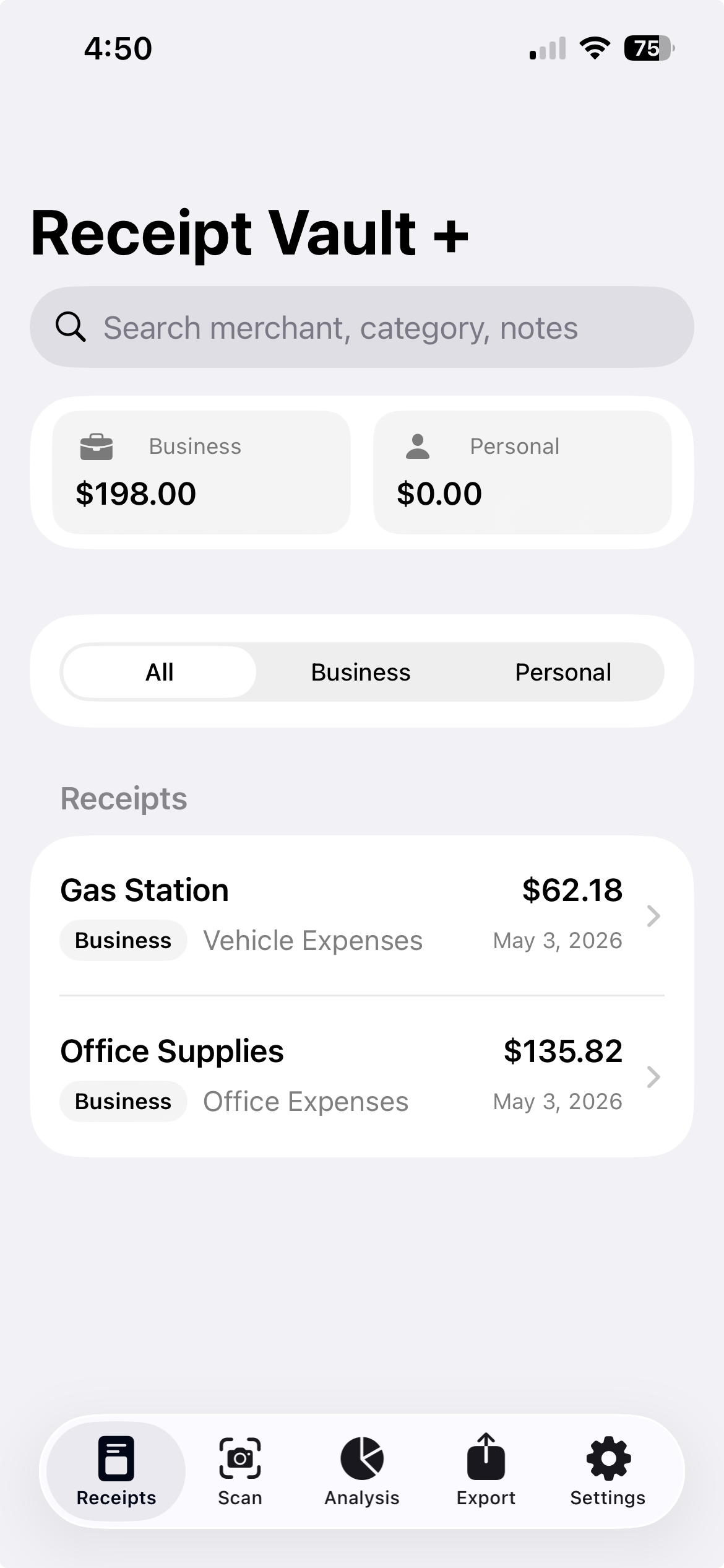 Receipt Vault + app screenshot showing receipts dashboard